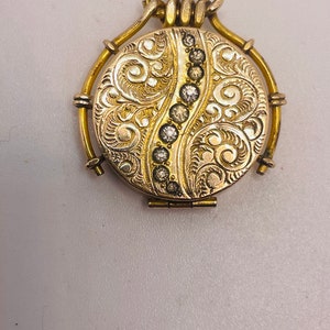 Victorian Antique Gold GF Diamond Paste Rhinestone Swirl Embossed Engraved Photo locket pendant Charm SKM Co. Momento Mori image 2