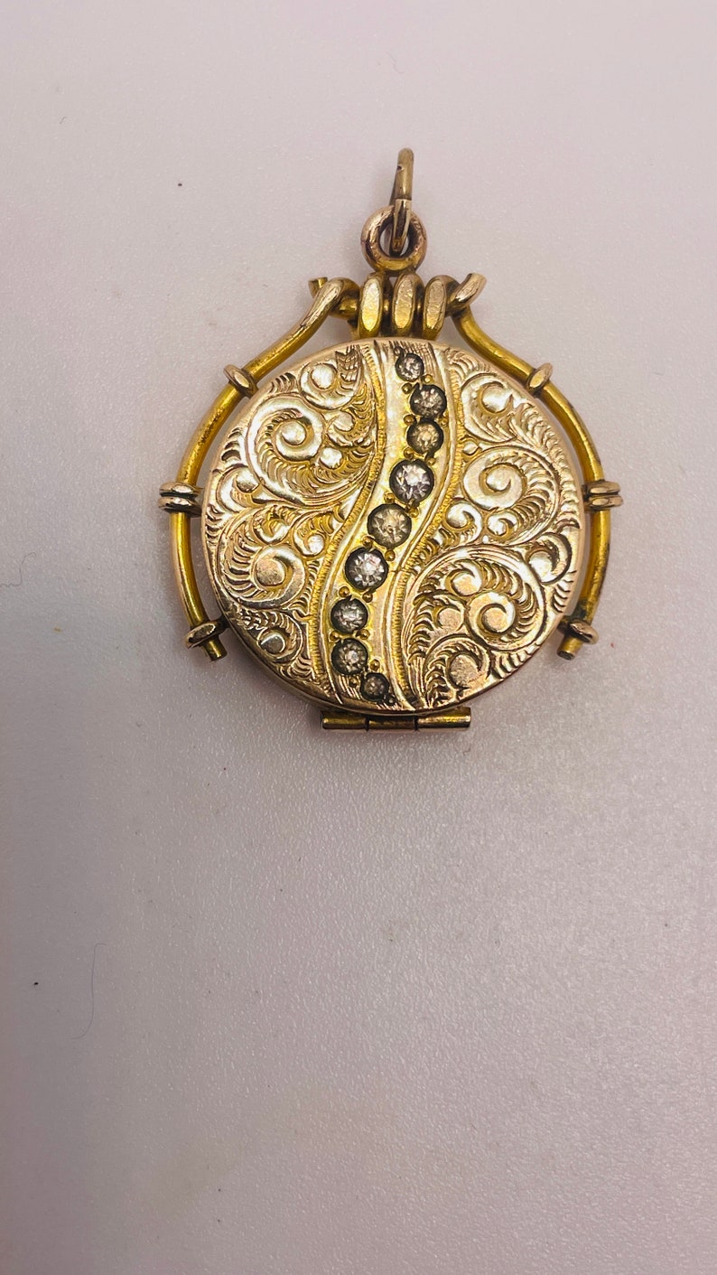Victorian Antique Gold GF Diamond Paste Rhinestone Swirl Embossed Engraved Photo locket pendant Charm SKM Co. Momento Mori image 2