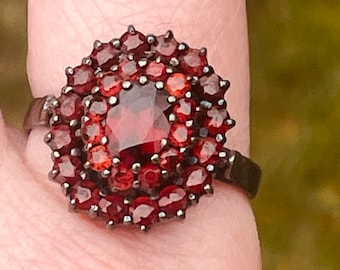 Vintage Antique Victorian Sterling Silver Black Rhodium Bohemian Garnet Red Garnet Cocktail Ring Statement Size 9.5