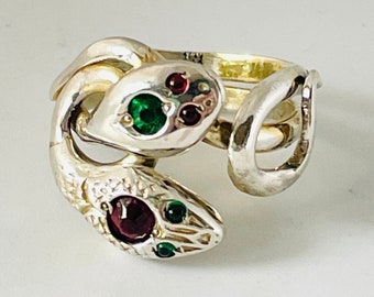 Vintage Sterling Silver TAXCO Snake Serpent Cobra Coiled Wrap Bypass Ring Ruby & Emerald Eyes 5.0 grams US Size 6.75