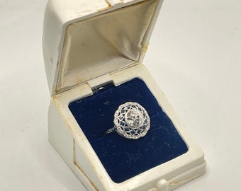 Vintage 1920s Unbranded art deco White & Blue Velvet engagement wedding ring presentation box  jewelry trinket vanity