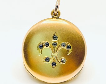 Antique Vintage Victorian Gold GF & Diamond Paste Fleur De Lis locket pendant necklace Art Deco French Mourning Hair Momento Mori