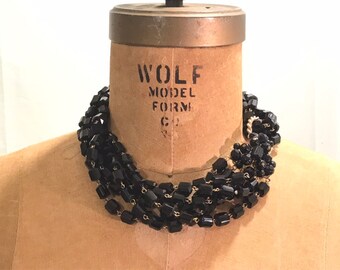 Rare Vintage 1955 Judith McCann Shuvon Black Faceted Glass Multi-strand Necklace Haskell Mourning Funeral Black Tie Wedding Bridesmaid