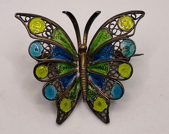 Vintage 800 Silver Filigree Plique a Jour Enamel Chinese Export Butterfly Brooch Pin 1940s Guilloche Green Blue
