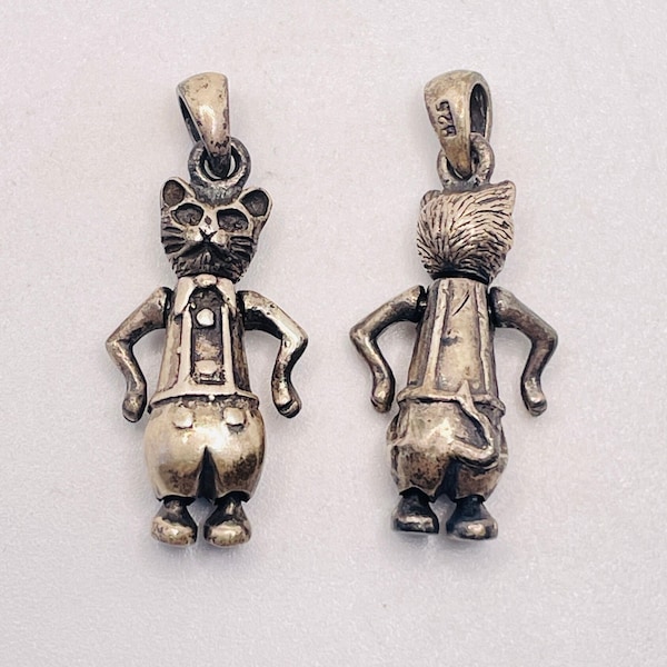 Vintage Sterling Silver Articulated Moveable Moving Kitty Cat Kitten Anthropomorphic Pants Shirt Bowtie Pendant Charm for Bracelet Necklace