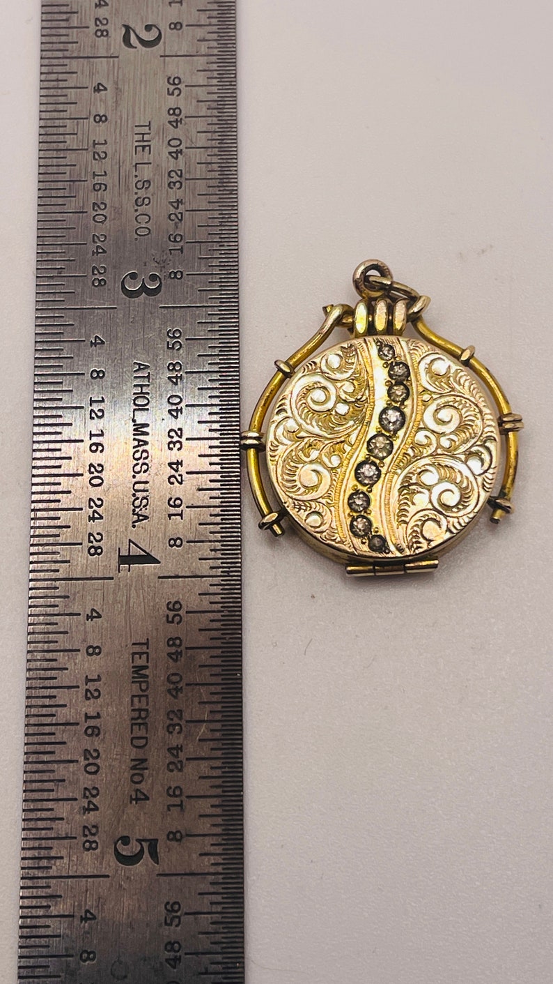 Victorian Antique Gold GF Diamond Paste Rhinestone Swirl Embossed Engraved Photo locket pendant Charm SKM Co. Momento Mori image 8