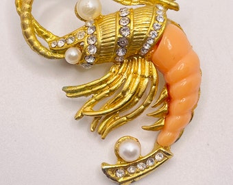 Vintage Hattie Carnegie Rhinestone Pearl Pink Lucite Shrimp Crawfish Crustacean Pin Brooch Unsigned