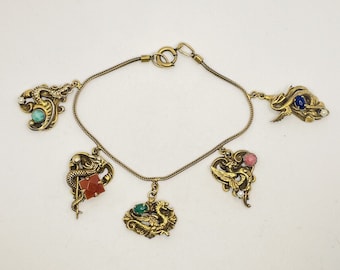 Antique Victorian Gold Gilt 5 Griffin Dragon Phoenix Foxtail Charm Bracelet 8"