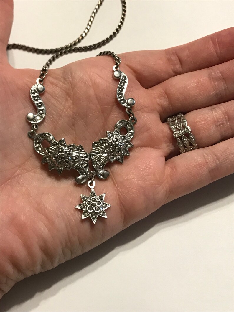Victorian Iron Pyrite Marcasite Sterling Silver Star Celestial Flower Festoon Necklace Clip on Earrings Parure Set Octagram