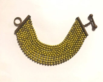 Vintage Art Deco 1930's Yellow Enamel Painted Gold Brass Ball Chain Multistrand Bracelet T Bar Toggle Clasp Wedding Party