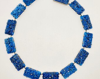 Vintage Art Deco Cobalt Lapis Blue Pate de Verre Peking Glass and Sterling Silver Riviere Necklace Collier Collar Choker