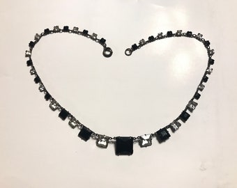 Vintage Antique Art Deco Clear Rock Crystal Black Glass Open Back Sterling Silver Rivière Necklace Choker Wedding Showstopper Antique