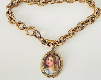 Victorian 14k Yellow Gold Hand Painted Porcelain Girl Lady Portrait Miniature Charm Pendant w 12k GF Bracelet Conversion Memento Mori