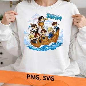 Peut inclure: Sweat-shirt blanc avec une illustration de dessin animé d'un navire avec plusieurs personnages animés. Le mot "SWIM" est en bleu au-dessus du navire. Le navire est étiqueté "ARIRANG". Les lettres "PNG, SVG" sont en dessous.