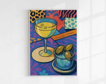 Martini & Olives Pop Art Print: Retro Cocktail Bar Decor (Digital Download