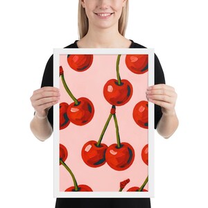 Cherry Wall Art – Framed Poster Print, Retro Red Cherries on Pink, Y2K Kitchen Art, Fruit Wall Decor, Cherry Aesthetic Print