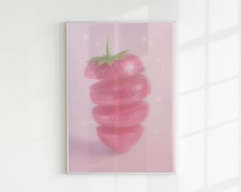 Roze disco-aardbeikunstprint: minimalistisch grillig muurdecor (digitale download)