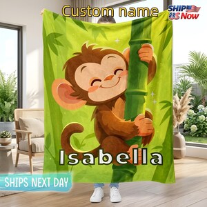 Personalized Monkey Blanket, Custom Name Kids Blanket, Cute Jungle Monkey Blanket, Baby Monkey Throw, Jungle Animal Nursery Blanket