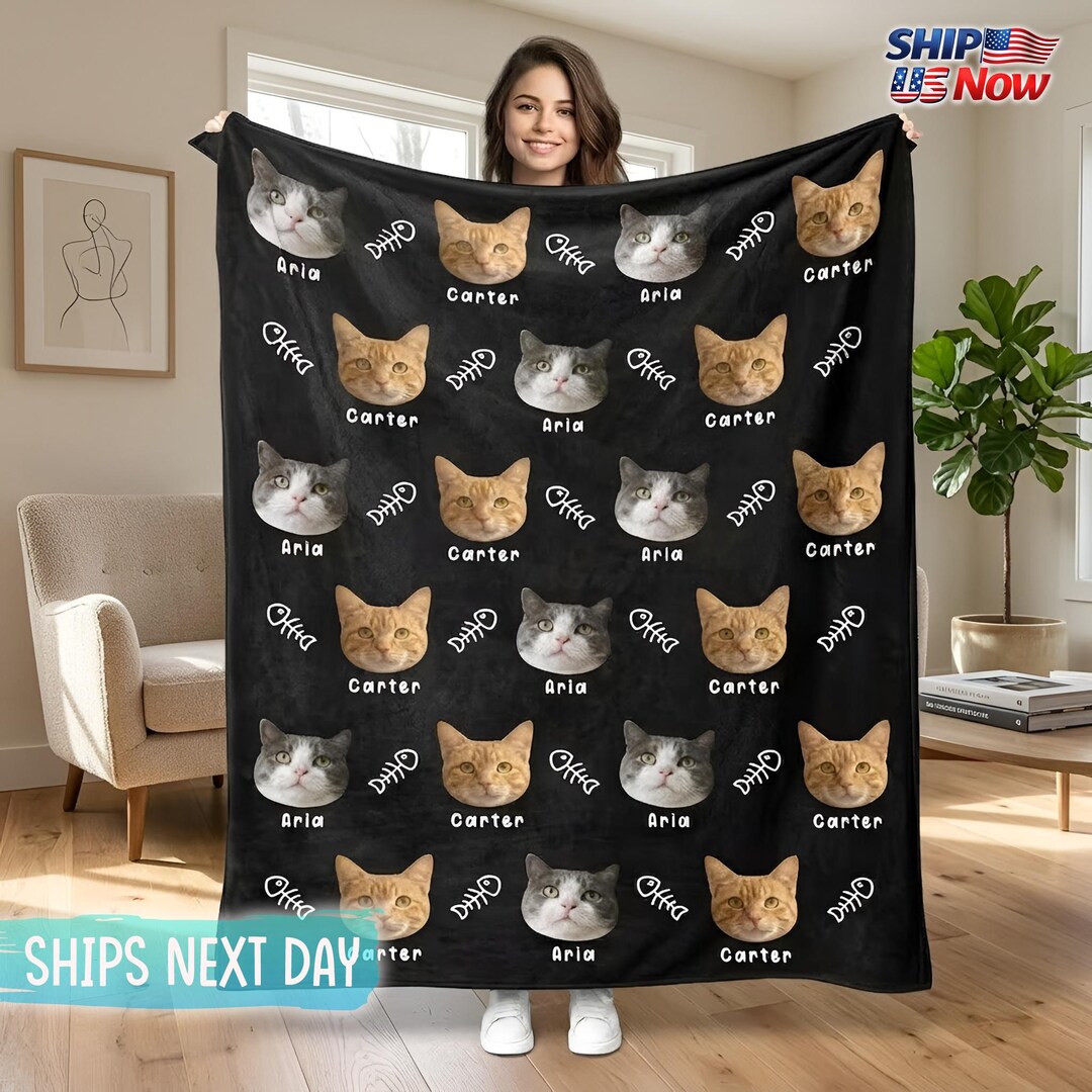 Custom Pet Photo Blanket With Names, Custom Cat Face Fleece Throw ...