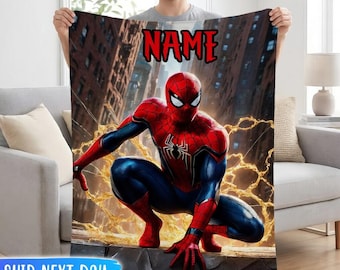 Personalized Spiderman Blanket, Custom Name Spider-Man Fleece Throw, Superhero City Bedding, Kids Bedroom Decor, Birthday Gift for Boys