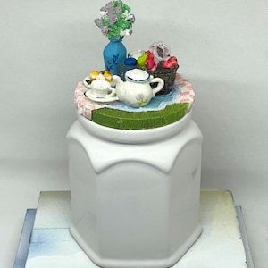 Vintage Tea Party Kitchen Canister with Lid - Ceramic Storage Jar with Fruit and Teapot Scene - Vintage Style Counter Decor