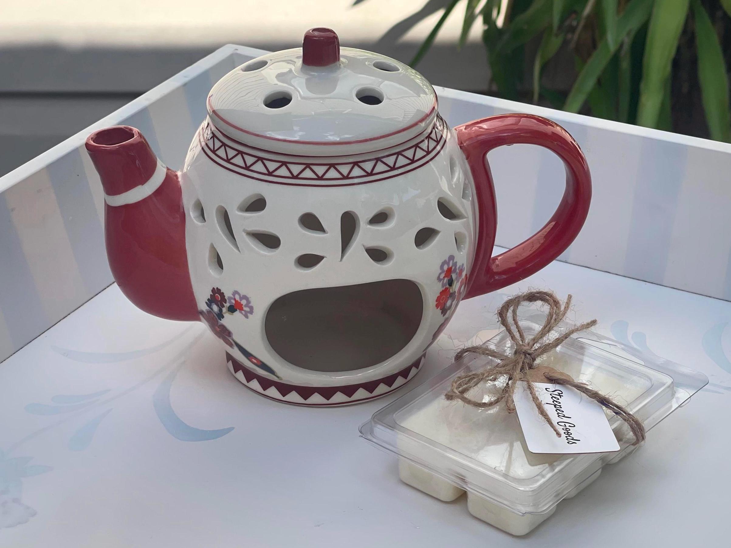 Aquecedor de cera de bule floral vintage e cera derretida com aroma inspirado em chá - Conjunto de presente para amantes de chá