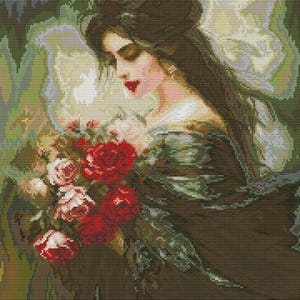 May include: A cross-stitch design of a woman holding a bouquet of roses. The woman has dark hair and is wearing a dark green dress. The roses are red and pink, and the background is a mix of green and yellow.