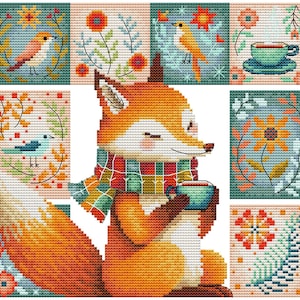 May include: Cross-stitch pattern featuring a smiling fox wearing a colorful scarf, holding a teal cup. The design includes birds, flowers, and a teacup, all in a pixelated style. The color palette includes orange, teal, and various earth tones.