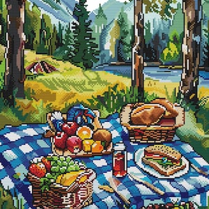 May include: A cross-stitch depiction of a picnic scene in a forest. A blue and white checkered tablecloth holds baskets of fruit, sandwiches, and a jar of juice. The background shows trees, a river, and mountains.