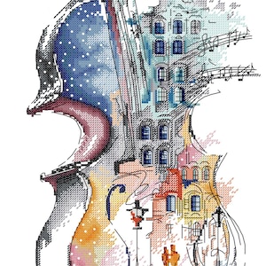 May include: A cross-stitch design of a violin with a cityscape inside. The violin is in shades of pink, orange, and blue, with a night sky and buildings. Musical notes and a street lamp are also included.