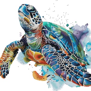 May include: A cross-stitch design depicting a sea turtle in vibrant colours. The turtle's shell and body are detailed with blues, greens, oranges, and yellows. The artwork has a watercolour effect, with splashes of colour around the turtle.