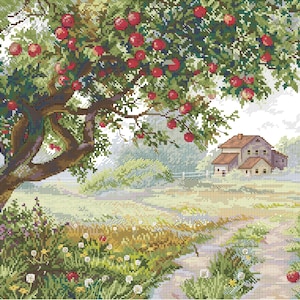 May include: A cross-stitch landscape depicts a lush apple tree laden with red fruit. The tree's branches frame a distant house and a path leading through a field of wildflowers. The scene is rendered in shades of green, brown, and red.
