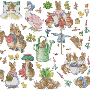 May include: A collection of illustrations featuring rabbits, ducks, and birds in a whimsical, storybook style. The images include rabbits in various outfits, a duck in a bonnet, and scenes with flowers and vegetables. The color palette is soft and pastel.