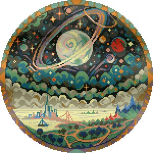 May include: A circular cross-stitch design showcasing a cosmic landscape. It features a planet with rings, set against a starry backdrop with other planets. The lower section shows a landscape with trees, mountains, and buildings, enclosed by a decorative border.
