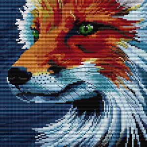 May include: A detailed cross-stitch of a fox's head, featuring vibrant colors. The fox has orange, white, and blue fur, with green eyes and a black nose. The background is a deep blue, creating a striking contrast.