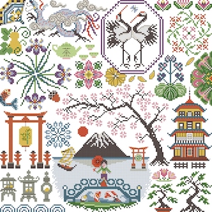May include: A cross-stitch pattern featuring Japanese-themed elements. The design includes a pagoda, cherry blossom tree, Mount Fuji, koi fish, and a woman with an umbrella. The color palette includes red, pink, green, and blue.