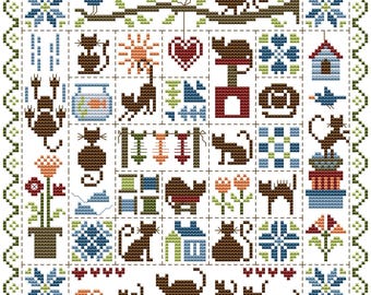 以下が含まれることがあります： 猫をテーマにした様々なデザインのクロスステッチパターン。正方形のデザインには、猫、花、家、その他の装飾要素の画像が含まれています。配色は、白い背景に茶色、青、緑、オレンジ色で構成され、緑色のスカラップボーダーが付いています。