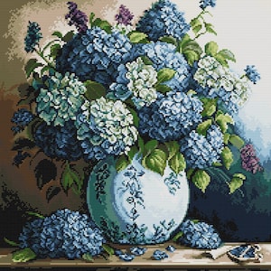 May include: A still-life painting of a bouquet of blue and white hydrangeas in a decorative vase. The vase is light blue with a floral design. The flowers are surrounded by green leaves, with a few scattered blooms at the base.