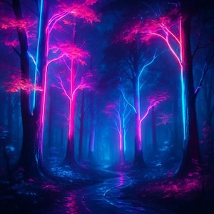 Neon Forest Wall Art – Cyberpunk Landscape Print, Futuristic Neon Trees Digital Download, Sci-Fi Aesthetic Room Decor