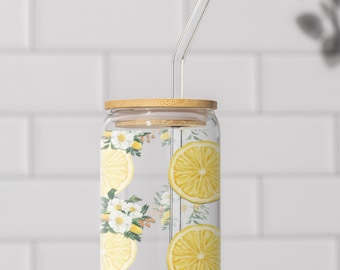 Lemon Slice Sipper Glass with Straw, Lemon Design, Glass Tumbler Lemon Design, Lemon Drinkware, Gift for Her, Glass Cup With Lid