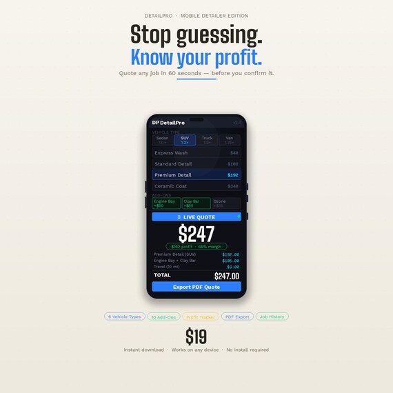 Mobile Car Wash Pricing Calculator | Detailer Quote Tool (Instant Download)