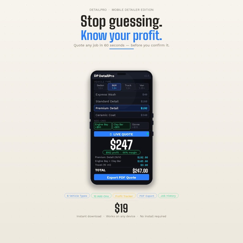 Mobile Car Wash Pricing Calculator | Detailer Quote Tool (Instant Download) image 1