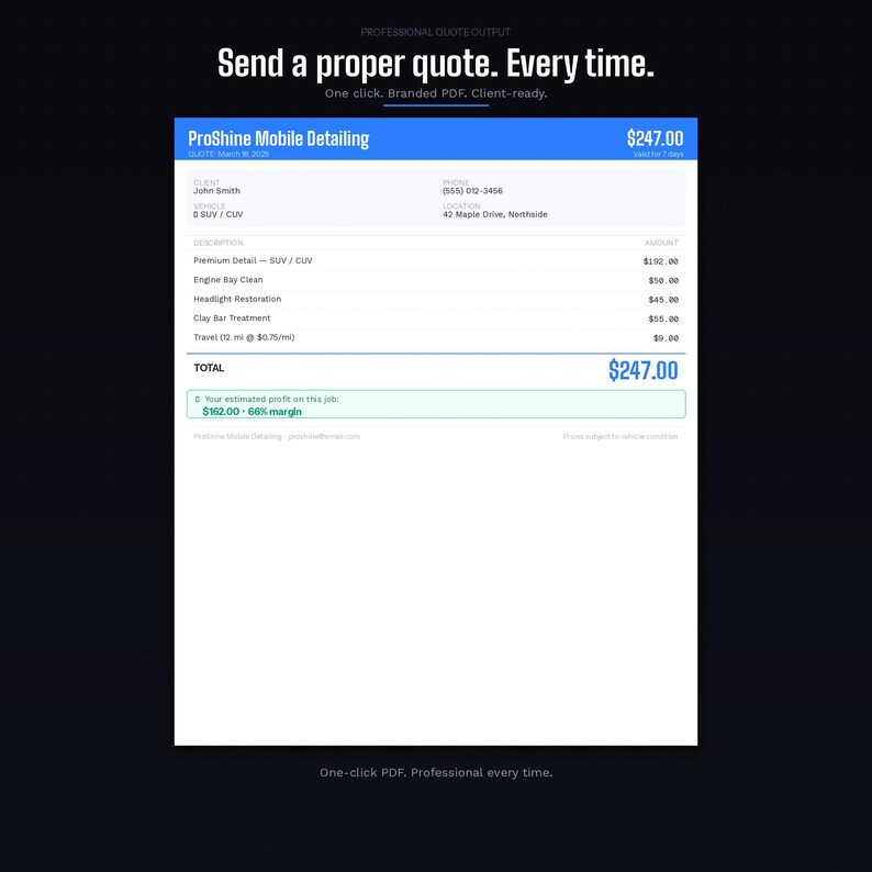 May include: A digital quote from ProShine Mobile Detailing, showing a total of $247.00. The quote includes services like Premium Detail, Engine Bay Clean, and Headlight Restoration. The text "Send a proper quote. Every time" is at the top