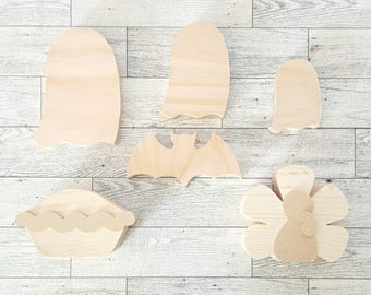 Fall Halloween Wood Shapes Unfinished Wood Cutouts Farmhouse Tiered Tray Decor Destash Craft Business Bundle Ghost Bat Turkey Pie
