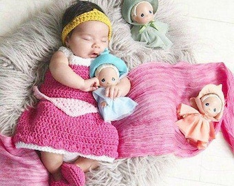 Crochet Aurora Baby Costume | Sleeping Beauty Newborn Dress Set | Infant Princess Outfit | Photo Prop 0-24M