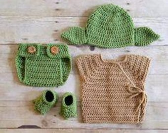 Crochet Baby Yoda Costume | Star Wars Newborn Robe Diaper Cover Set | Infant Lightsaber Outfit | Photo Prop 0-24M