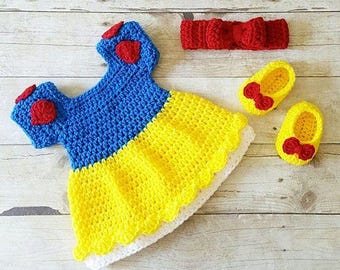 Crochet Snow White Baby Costume | Princess Newborn Dress Set | Infant Halloween Outfit | Photo Prop 0-24M