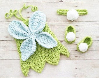 Crochet Tinkerbell Baby Costume | Fairy Wings Newborn Dress Set | Infant Halloween Outfit | Photo Prop 0-24M