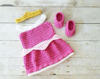 Crochet Aurora Baby Costume | Sleeping Beauty Newborn Dress Set | Infant Princess Outfit | Photo Prop 0-24M