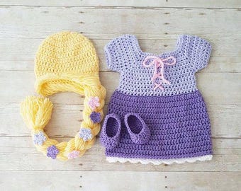 Crochet Rapunzel Baby Costume | Tangled Princess Newborn Dress Set | Infant Halloween Outfit | Photo Prop 0-24M